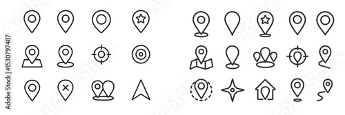 Collection of various location markers and navigation icons in a minimalist design for digital applications and maps