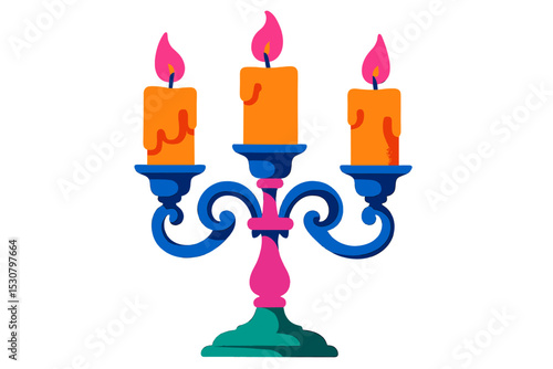 Brightly colored candelabra with three candles lit during a festive celebration