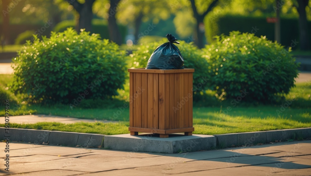 Fototapeta premium A wooden trash can is positioned in a green park along the sidewalk.
