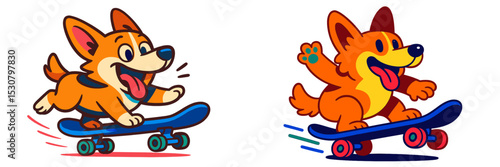 Corgis joyfully skateboarding together on a sunny day in a vibrant urban setting