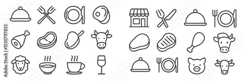 Different types of food icons illustrating various meals, animals, and dining elements in a simple line art style