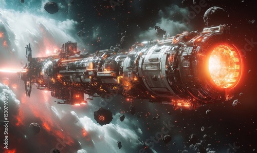 dramatic space station under siege where glowing shields deflect laser fire and astronauts work frantically inside, Generative AI