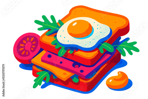 Colorful sandwich with sunny-side-up egg and fresh vegetables on a plate for breakfast or brunch