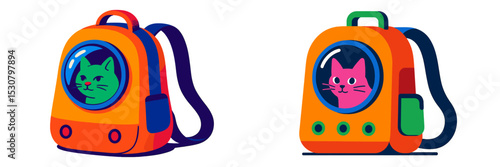 Colorful cat backpacks with transparent domes designed for pet travel in urban settings