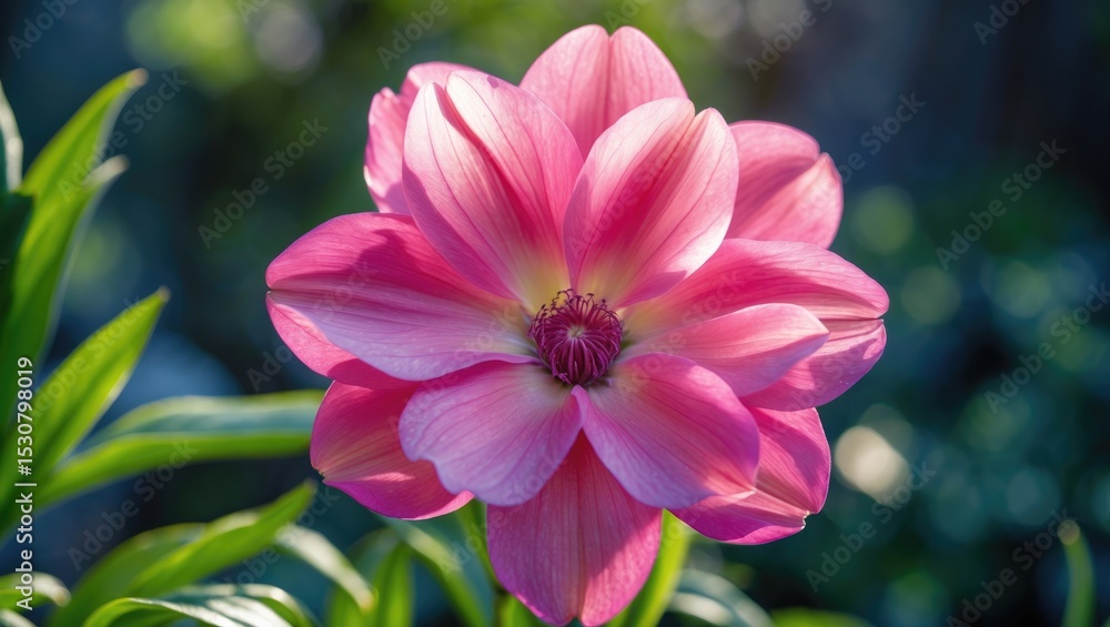 A vivid pink flower blooms amidst gentle green leaves. Its slightly aged petals encircle a bright yellow core, highlighting nature's beauty in a colorful presentation set against a subtle background. A vivid pink flower blooms amidst gentle green leaves. Its slightly aged petals encircle a bright yellow core, highlighting nature's beauty in a colorful presentation set against a subtle background.