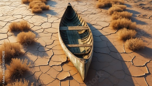 Aerial perspective of a forsaken wooden boat.