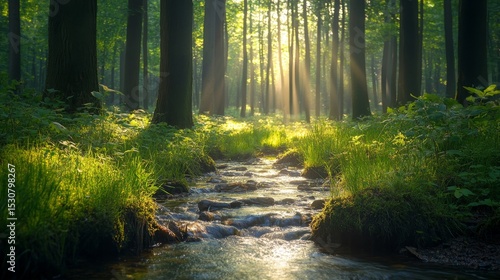 tranquil forest glade where sunlight filters through the leaves and a bubbling brook winds through the grass, Generative AI