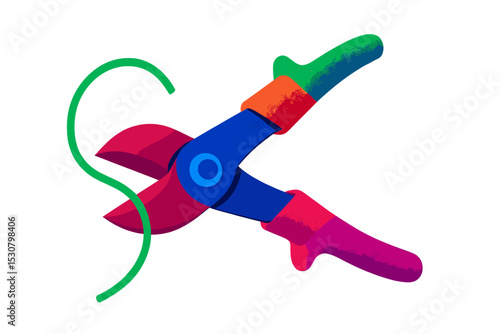Illustration of colorful garden shears cutting a green vine with vibrant colors against a white background