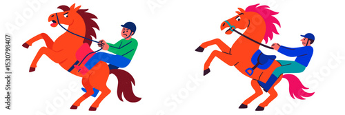 Horses perform rearing stunts with riders in a colorful animated illustration showcasing equestrian skills