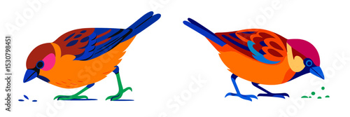 Colorful birds foraging on the ground in a vibrant natural setting during daylight