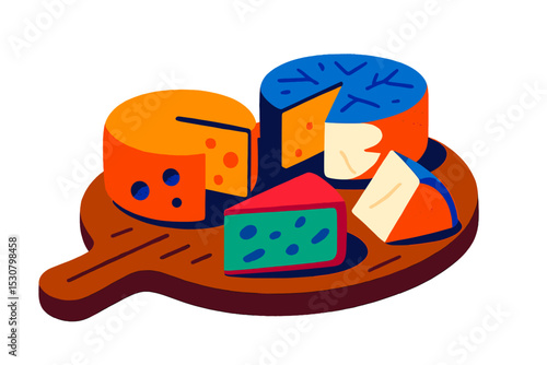 Colorful cheese platter featuring a variety of cheeses and shapes displayed on a wooden board