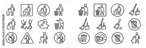 Icons illustrating waste disposal practices and recycling efforts for community cleanliness and environmental awareness