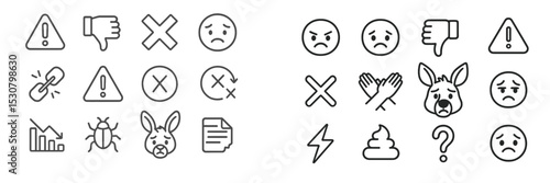 Collection of warning and error symbols representing various emotions and issues in a digital format found in user interfaces