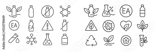 Collection of linear icons representing environmental sustainability and scientific research related to recycling and natural resources