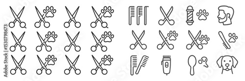 Scissors, combs, and grooming tools for pet care and hairstyling with a barber theme