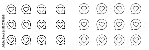 Collection of outlined speech bubbles featuring heart icons in a repetitive, stylish pattern