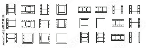 Variety of film frames and film strips arranged in a grid pattern on a neutral background