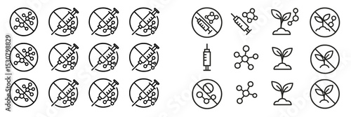 Icons representing biotechnology, plant safety measures, and syringe symbols in a detailed pattern on a white background