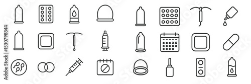 A variety of contraceptive and health-related symbols are displayed, including condoms, pills, injectables, and IUDs