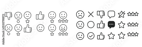 Different types of facial expressions and rating symbols showcasing emotions and opinions in an illustrative format