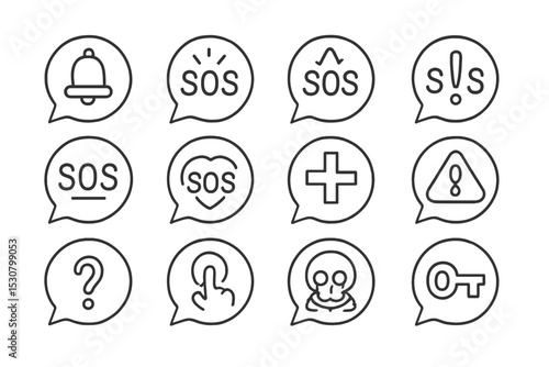 Collection of SOS symbols and emergency icons displayed in a grid format on a light background