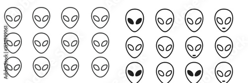 Various alien face designs showcasing different expressions and features against a plain background