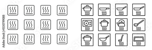 Cooking symbols displayed in a grid format represent various kitchen appliances and cooking techniques used in culinary practices