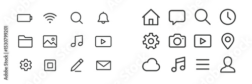 Collection of various user interface icons featuring battery, notifications, and multimedia symbols in a clear layout