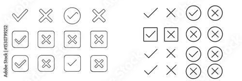 Checkmarks and Xs arranged in a grid on a plain background, illustrating a visual comparison of two different patterns