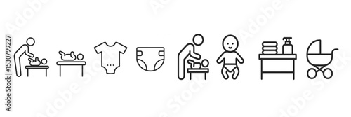 Icons depicting various aspects of infant care and preparation for new parents in a nursery setting