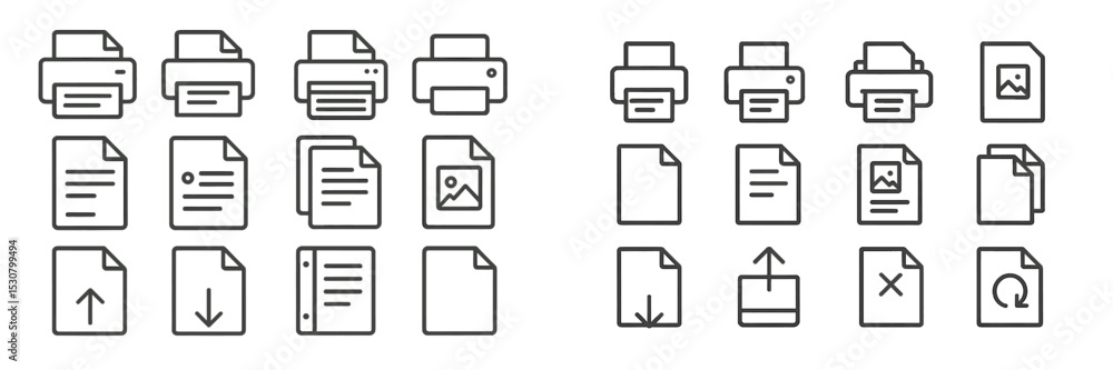 Icons representing various printing and document activities in a minimalist design layout Icons representing various printing and document activities in a minimalist design layout
