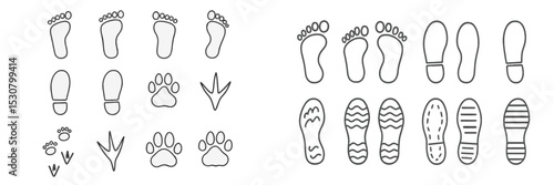 Various types of footprints and tracks represented in simple outlines across a white background