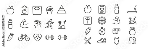 Collection of fitness and health icons representing various activities and wellness elements for a healthy lifestyle