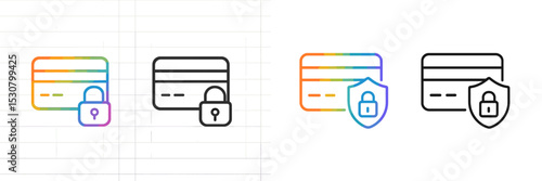 Colorful and monochrome credit card icons with locks showcasing secure transactions and digital safety measures