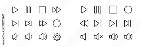 Collection of multimedia control icons displayed in a minimalist design layout for user interface applications