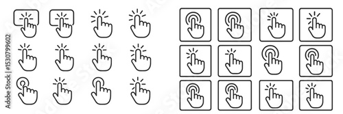 Various hand gestures demonstrating clicking and tapping actions on a touchscreen interface in a minimalistic design