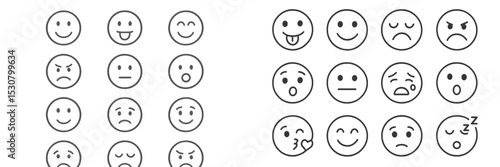 Variety of emoticons representing a range of emotions including happiness, sadness, surprise, and anger in a simple, clean design