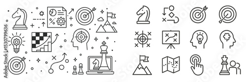 Strategic planning elements with chess icons and analytical symbols for business success and growth ideas