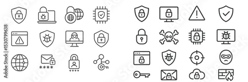 Collection of cybersecurity icons highlighting various aspects of online safety and protection from threats