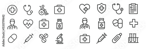 Health and medical icons representing various aspects of healthcare in a minimalistic design suitable for educational use