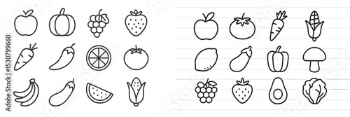 Collection of hand-drawn fruits and vegetables arranged in two rows featuring various types and shapes on a lined background