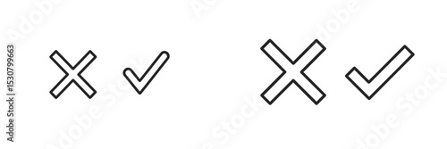 Symbols of check and cross indicators represent decisions and evaluations in a simple, minimalistic design on a white background