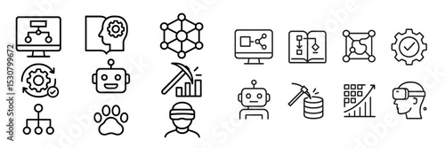 Various icons representing concepts in technology, data analysis, and artificial intelligence used for educational purposes