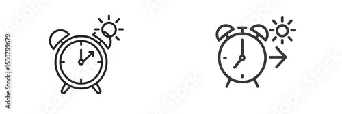 Alarm clock icons illustrating time change for daylight saving adjustment in a minimalist style