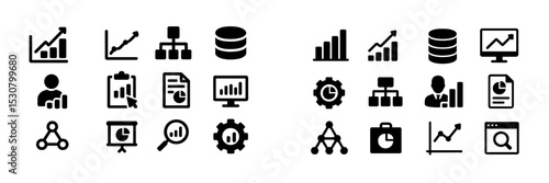 Black and white icons representing data analysis, charts, and business metrics commonly used in digital applications
