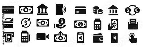 Financial transactions symbols illustrating various methods of digital and cash payments in a modern economy