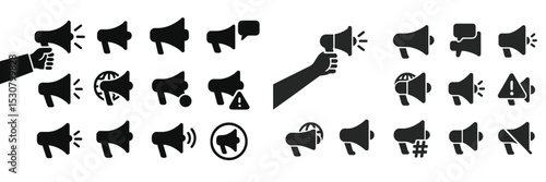 Various black and white megaphone icons representing communication, announcements, and expressions of opinions