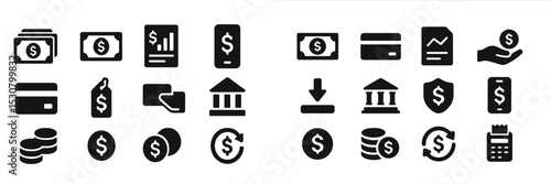 Collection of financial and banking icons illustrating money management and transactions