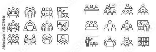 Icon set depicting various group activities and interactions in professional settings including meetings and presentations
