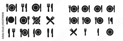 Different arrangements of dining utensils and plates for various meal settings in a minimalist design